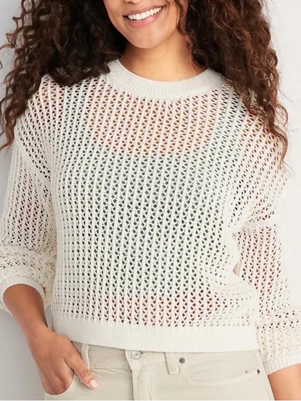 Old Navy Womens Open Knit Cropped Cotton Sweater White Medium M